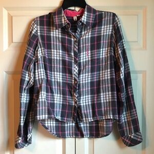 Hang Ten Pink and Grey Plaid 3/4 Sleeve Button Down Collared Top